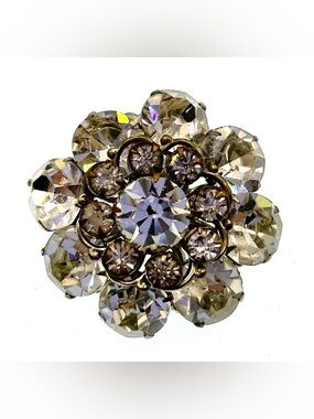 Vintage Rhinestone Flower Brooch Clear Crystal Cluster Pin Silver Tone Sparkle